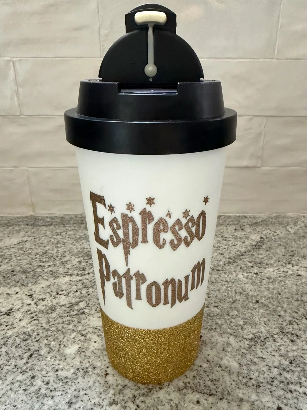 Harry Potter Espresso Patronum Gold Glitter and White Travel Mug with Secure Lid